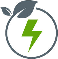 Illustrated icon of a lighning bolt inside a circle made of a stem with two leaves, indicating energy efficiency.