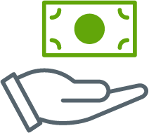 Illustrated icon of a hand with a dollar bill hovering above it, indicatin efficiency. 