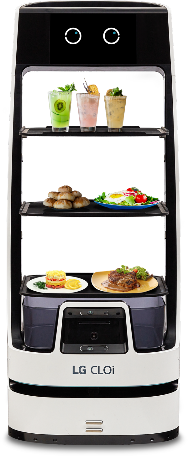 A LG Business Solutions CLOi ServeBot with its trays stacked with delicious food.